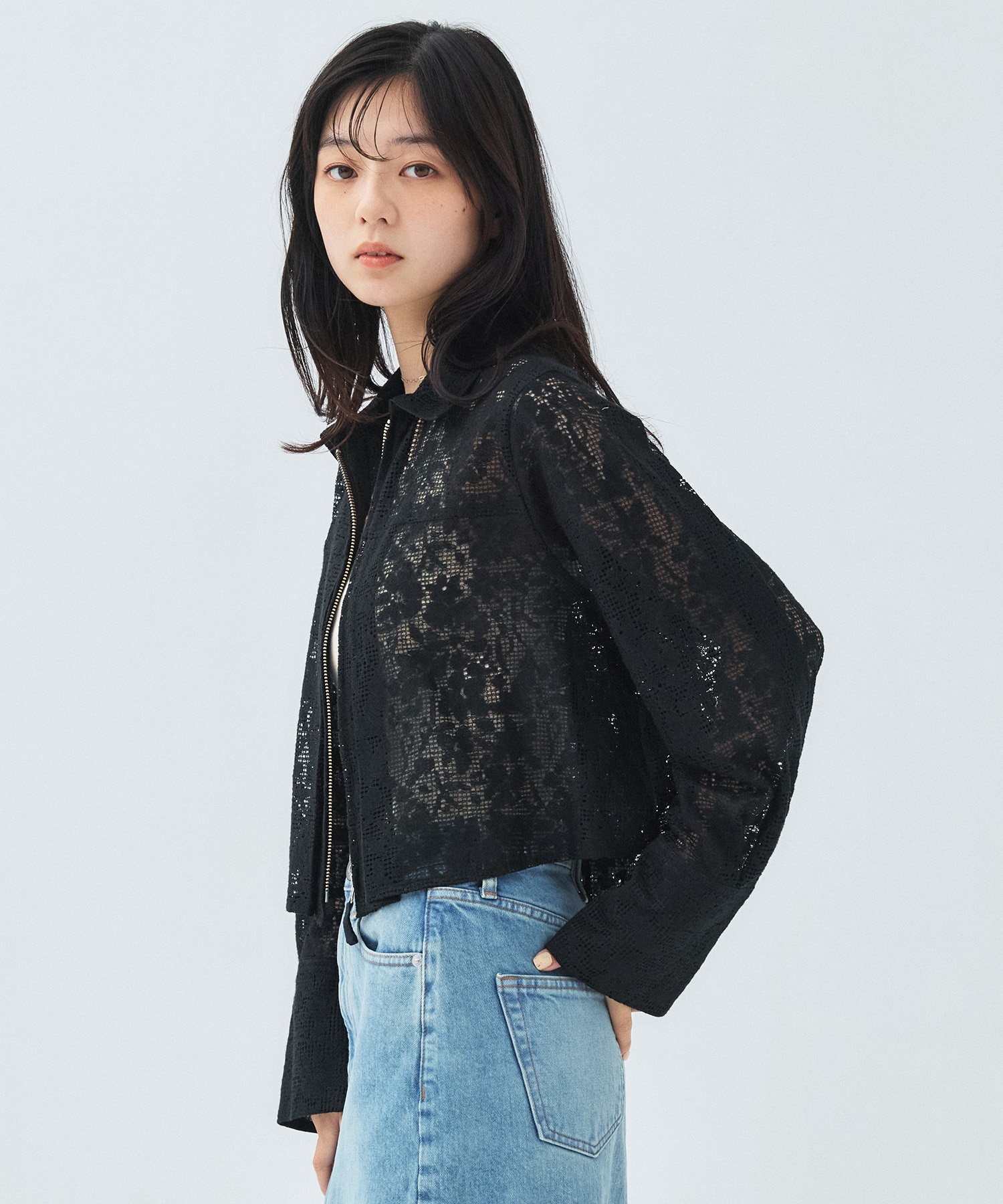 コットンレースフロントZIPシャツ